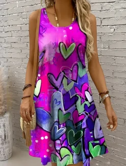 Outlet Women's Mini Dress Sundress A Line Dress Off The Shoulder Dress Vacation Casual Boho Holiday Beach Regular Fit Heart Graphic Sleeveless Crew Neck Yellow Red Blue Purple Summer Spring Women Sundresses