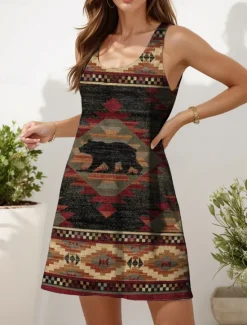 Women's Mini Dress Sundress A Line Dress Summer Dress Vacation Casual Boho Outdoor Party Daily Regular Fit Graphic Geometric Color Block Sleeveless U Neck Red Blue Purple Khaki Summer Spring Women Sundresses