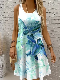 Outlet Women's Mini Dress Sundress A Line Dress Off The Shoulder Dress Vacation Casual Holiday Beach Regular Fit Graphic Turtle Sleeveless Crew Neck Yellow Red Blue Purple Summer Spring Women Sundresses