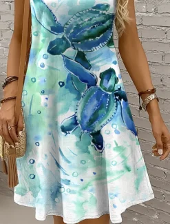 Outlet Women's Mini Dress Sundress A Line Dress Off The Shoulder Dress Vacation Casual Holiday Beach Regular Fit Graphic Turtle Sleeveless Crew Neck Yellow Red Blue Purple Summer Spring Women Sundresses