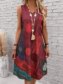 Discount Women's Mini Dress Sundress A Line Dress Summer Dress Vacation Casual Boho Regular Fit Graphic Geometric Color Block Sleeveless U Neck Dark Red Blue Summer Spring Women Vacation Dresses