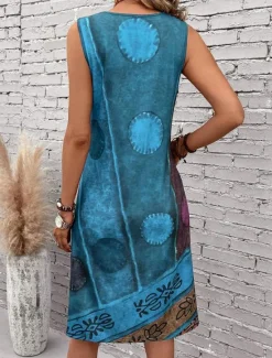 Discount Women's Mini Dress Sundress A Line Dress Summer Dress Vacation Casual Boho Regular Fit Graphic Geometric Color Block Sleeveless U Neck Dark Red Blue Summer Spring Women Vacation Dresses