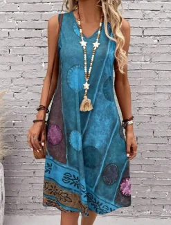 Discount Women's Mini Dress Sundress A Line Dress Summer Dress Vacation Casual Boho Regular Fit Graphic Geometric Color Block Sleeveless U Neck Dark Red Blue Summer Spring Women Vacation Dresses