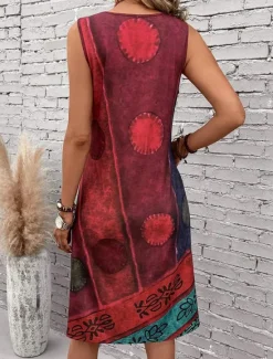 Discount Women's Mini Dress Sundress A Line Dress Summer Dress Vacation Casual Boho Regular Fit Graphic Geometric Color Block Sleeveless U Neck Dark Red Blue Summer Spring Women Vacation Dresses