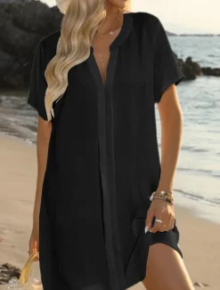 Online Women's Mini Dress Sundress Summer Dress Casual Daily Regular Fit Solid Color Short Sleeve V Neck Black White Navy Blue Sky Blue Summer Women Sundresses