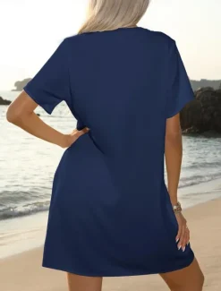 Online Women's Mini Dress Sundress Summer Dress Casual Daily Regular Fit Solid Color Short Sleeve V Neck Black White Navy Blue Sky Blue Summer Women Sundresses