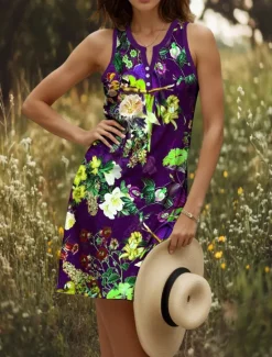 Online Women's Mini Dress Sundress Shift Dress Off The Shoulder Dress Vacation Casual Going out Regular Fit Floral Graphic Animal Sleeveless V Neck Red Blue Purple Brown Summer Spring Women Sundresses