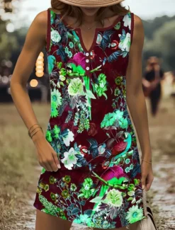 Online Women's Mini Dress Sundress Shift Dress Off The Shoulder Dress Vacation Casual Going out Regular Fit Floral Graphic Animal Sleeveless V Neck Red Blue Purple Brown Summer Spring Women Sundresses