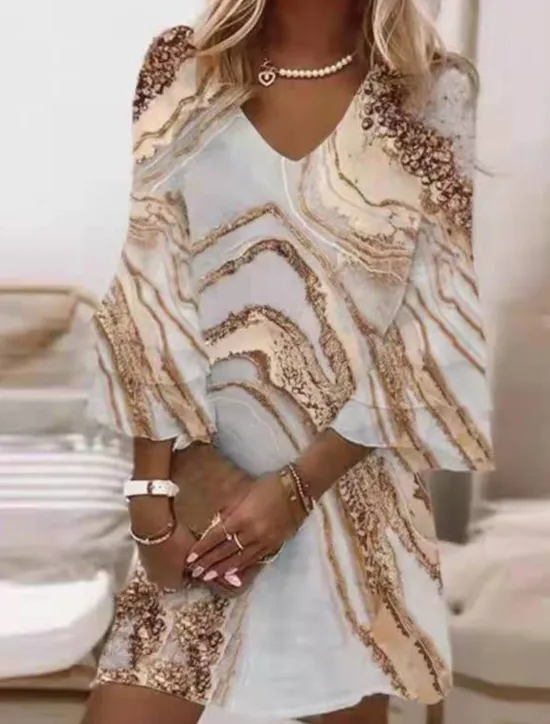 Online Women's Mini Dress Sundress A Line Dress Semi Formal Dress Petite Dress Vintage Casual Beach Ruffle Sleeve Vacation Daily Beach Regular Fit Marble 3/4 Length Sleeve V Neck Blue Gold Summer Women Vacation Dresses