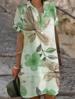 Best Women's Mini Dress Sundress Casual Beach Daily Regular Fit Flower Short Sleeve Shirt Collar Sky Blue Purple Green khaki Summer Women Floral Dresses