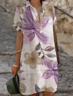 Best Women's Mini Dress Sundress Casual Beach Daily Regular Fit Flower Short Sleeve Shirt Collar Sky Blue Purple Green khaki Summer Women Floral Dresses