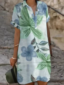 Best Women's Mini Dress Sundress Casual Beach Daily Regular Fit Flower Short Sleeve Shirt Collar Sky Blue Purple Green khaki Summer Women Floral Dresses