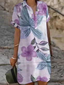 Best Women's Mini Dress Sundress Casual Beach Daily Regular Fit Flower Short Sleeve Shirt Collar Sky Blue Purple Green khaki Summer Women Floral Dresses