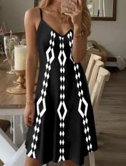 New Women's Mini Dress Sundress A Line Dress Slip Dress Off The Shoulder Dress Vacation Casual Boho Going out Beach Standard Fit Graphic Geometric Sleeveless V Neck Summer Women Vacation Dresses