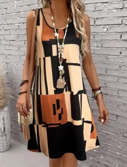 Clearance Women's Mini Dress Sundress A Line Dress Summer Dress Vacation Casual Regular Fit Graphic Geometric Color Block Sleeveless U Neck Light Brown Blue Summer Spring Women Vacation Dresses