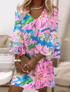 Women's Mini Dress Sundress A Line Dress Vacation Casual Boho Beach Regular Fit Ombre Floral Graphic 3/4 Length Sleeve V Neck Colourful Pink Sky Blue Ink Blue Summer Spring Women Vacation Dresses