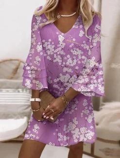 Hot Women's Mini Dress Sundress Floral Casual Dress Semi Formal Dress Petite Dress Elegant Casual Ruffle Sleeve Daily Weekend Regular Fit Floral Ditsy Floral 3/4 Length Sleeve V Neck Purple Green Women Vacation Dresses|Spring Dresses