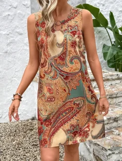 Best Women's Mini Dress Sundress Summer Dress Vacation Boho Daily Holiday Regular Fit Graphic Paisley Sleeveless Crew Neck Summer Women Sundresses|T Shirt Dresses