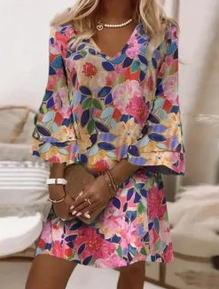 Best Women's Mini Dress Sundress A Line Dress Boho Party Regular Fit Floral Graphic 3/4 Length Sleeve V Neck Light Pink Light Green Dark Pink Sky Blue Summer Spring Women Vacation Dresses
