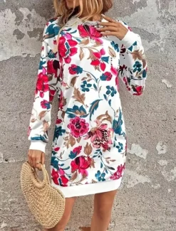 Hot Women's Mini Dress Sweater Dress Shift Dress Vacation Casual Boho Outdoor Regular Fit Floral Graphic Long Sleeve Crewneck Red black Pink Fall Winter Women Vacation Dresses