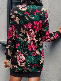 Hot Women's Mini Dress Sweater Dress Shift Dress Vacation Casual Boho Outdoor Regular Fit Floral Graphic Long Sleeve Crewneck Red black Pink Fall Winter Women Vacation Dresses