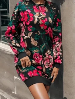 Hot Women's Mini Dress Sweater Dress Shift Dress Vacation Casual Boho Outdoor Regular Fit Floral Graphic Long Sleeve Crewneck Red black Pink Fall Winter Women Vacation Dresses