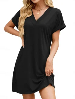 Best Women's Mini Dress T Shirt Dress Tee Dress A Line Dress Solid Color Athletic Dress Casual Vacation Daily Regular Fit Plain Sleeveless V Neck Black Pink Blue Dark Green Summer Women T Shirt Dresses