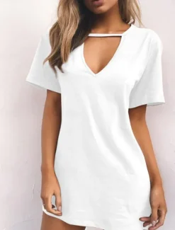 Hot Women's Mini Dress T Shirt Dress Tee Dress Summer Dress Casual Daily Regular Fit Plain Short Sleeve V Neck Black White Brown Green Summer Women T Shirt Dresses
