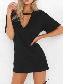 Hot Women's Mini Dress T Shirt Dress Tee Dress Summer Dress Casual Daily Regular Fit Plain Short Sleeve V Neck Black White Brown Green Summer Women T Shirt Dresses