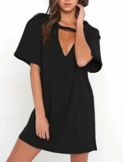 Hot Women's Mini Dress T Shirt Dress Tee Dress Summer Dress Casual Daily Regular Fit Plain Short Sleeve V Neck Black White Brown Green Summer Women T Shirt Dresses
