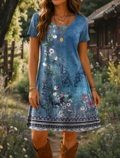 New Women's Mini Dress T Shirt Dress Tee Dress A Line Dress Summer Dress Vacation Casual Boho Daily Going out Beach Regular Fit Floral Graphic Paisley Short Sleeve Crewneck Black Blue Beige Summer Spring Women T Shirt Dresses