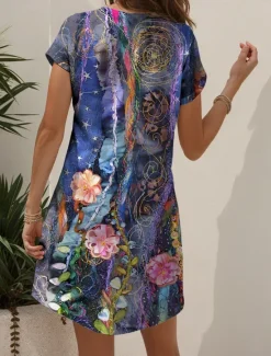 Discount Women's Mini Dress T Shirt Dress Tee Dress Sundress A Line Dress Summer Dress Vacation Casual Boho Beach Regular Fit Floral Graphic Abstract Short Sleeve V Neck Yellow Red Blue Purple Summer Spring Women Sundresses