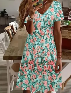 Best Women's Mini Dress T Shirt Dress Tee Dress Sundress Summer Dress Vacation Casual Beach Daily Going out Regular Fit Floral Graphic Short Sleeve V Neck Pink Blue Green Summer Women Casual Dress|Vacation Dresses