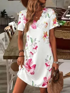 Discount Women's Mini Dress T Shirt Dress Tee Dress A Line Dress Summer Dress Casual Daily Regular Fit Floral Graphic Short Sleeve V Neck Summer Women Casual Dress|T Shirt Dresses