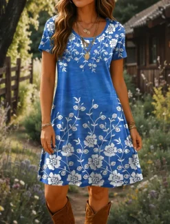 Online Women's Mini Dress T Shirt Dress Tee Dress A Line Dress Summer Dress Vacation Casual Beach Daily Going out Beach Regular Fit Floral Graphic Short Sleeve Crewneck Red Blue Purple Green Summer Spring Women Casual Dress|T Shirt Dresses