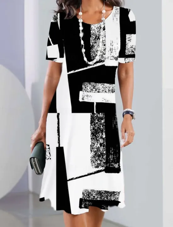 Online Women's Mini Dress T Shirt Dress Tee Dress Sundress Summer Dress Print Dress Fashion Streetwear Modern Outdoor Daily Going out Regular Fit Geometric Color Block Short Sleeve Crew Neck Black And White Women Casual Dress