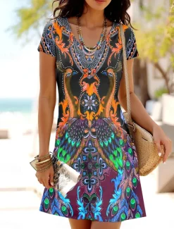 Clearance Women's Mini Dress T Shirt Dress Tee Dress A Line Dress Summer Dress Casual Daily Regular Fit Graphic Tribal Short Sleeve Crewneck Blue Purple Orange Green Summer Spring Women T Shirt Dresses