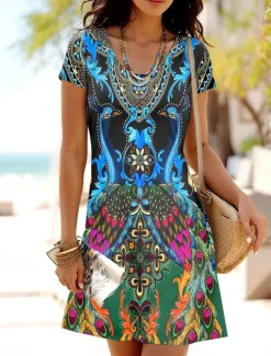 Clearance Women's Mini Dress T Shirt Dress Tee Dress A Line Dress Summer Dress Casual Daily Regular Fit Graphic Tribal Short Sleeve Crewneck Blue Purple Orange Green Summer Spring Women T Shirt Dresses