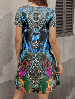 Clearance Women's Mini Dress T Shirt Dress Tee Dress A Line Dress Summer Dress Casual Daily Regular Fit Graphic Tribal Short Sleeve Crewneck Blue Purple Orange Green Summer Spring Women T Shirt Dresses