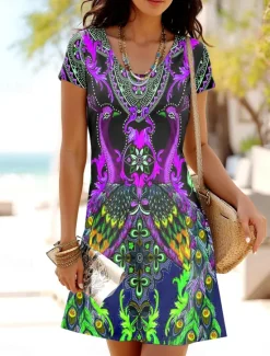 Clearance Women's Mini Dress T Shirt Dress Tee Dress A Line Dress Summer Dress Casual Daily Regular Fit Graphic Tribal Short Sleeve Crewneck Blue Purple Orange Green Summer Spring Women T Shirt Dresses