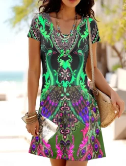 Clearance Women's Mini Dress T Shirt Dress Tee Dress A Line Dress Summer Dress Casual Daily Regular Fit Graphic Tribal Short Sleeve Crewneck Blue Purple Orange Green Summer Spring Women T Shirt Dresses