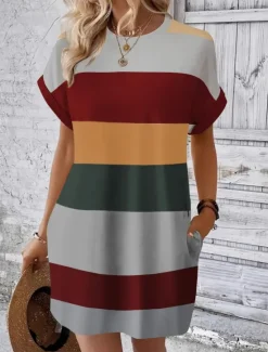 Outlet Women's Mini Dress T Shirt Dress Tee Dress Shift Dress Casual Outdoor Daily Holiday Regular Fit Stripe Short Sleeve Crew Neck Pink Sky Blue Brown Green Summer Women T Shirt Dresses