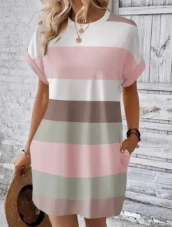 Outlet Women's Mini Dress T Shirt Dress Tee Dress Shift Dress Casual Outdoor Daily Holiday Regular Fit Stripe Short Sleeve Crew Neck Pink Sky Blue Brown Green Summer Women T Shirt Dresses