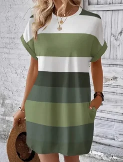 Outlet Women's Mini Dress T Shirt Dress Tee Dress Shift Dress Casual Outdoor Daily Holiday Regular Fit Stripe Short Sleeve Crew Neck Pink Sky Blue Brown Green Summer Women T Shirt Dresses