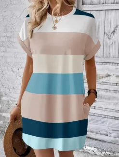 Outlet Women's Mini Dress T Shirt Dress Tee Dress Shift Dress Casual Outdoor Daily Holiday Regular Fit Stripe Short Sleeve Crew Neck Pink Sky Blue Brown Green Summer Women T Shirt Dresses