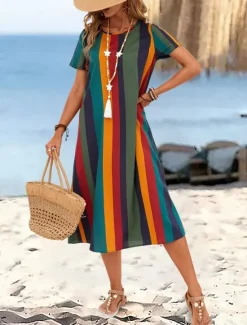 Online Women's Mini Dress T Shirt Dress Tee Dress Summer Dress Casual Daily Regular Fit Graphic Striped Short Sleeve Crew Neck Summer Spring Women Casual Dress