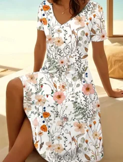 New Women's Mini Dress T Shirt Dress Tee Dress Sundress Summer Dress Vacation Casual Beach Daily Going out Regular Fit Floral Graphic Short Sleeve V Neck Pink Blue Orange Green Summer Women Casual Dress