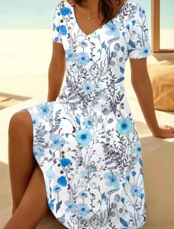 New Women's Mini Dress T Shirt Dress Tee Dress Sundress Summer Dress Vacation Casual Beach Daily Going out Regular Fit Floral Graphic Short Sleeve V Neck Pink Blue Orange Green Summer Women Casual Dress