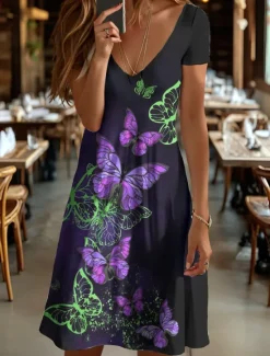 Hot Women's Mini Dress T Shirt Dress Tee Dress A Line Dress Summer Dress Vacation Casual Holiday Regular Fit Graphic Animal Butterfly Short Sleeve Crew Neck Yellow Red Blue Purple Summer Spring Women T Shirt Dresses