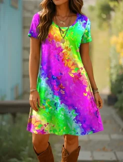 Online Women's Mini Dress T Shirt Dress Tee Dress A Line Dress Summer Dress Casual Daily Regular Fit Ombre Graphic Geometric Short Sleeve Crewneck Blue Purple Orange Summer Spring Women T Shirt Dresses